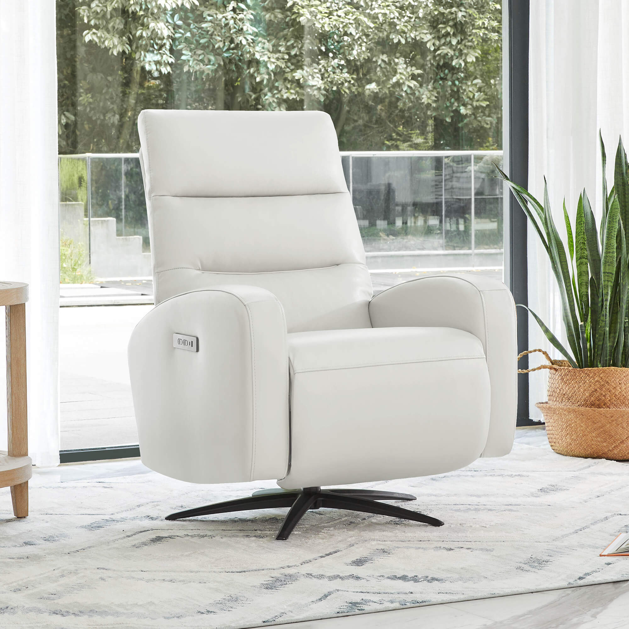 Fauteuil inclinable pivotant électrique Landon en cuir véritable avec appui-tête électrique