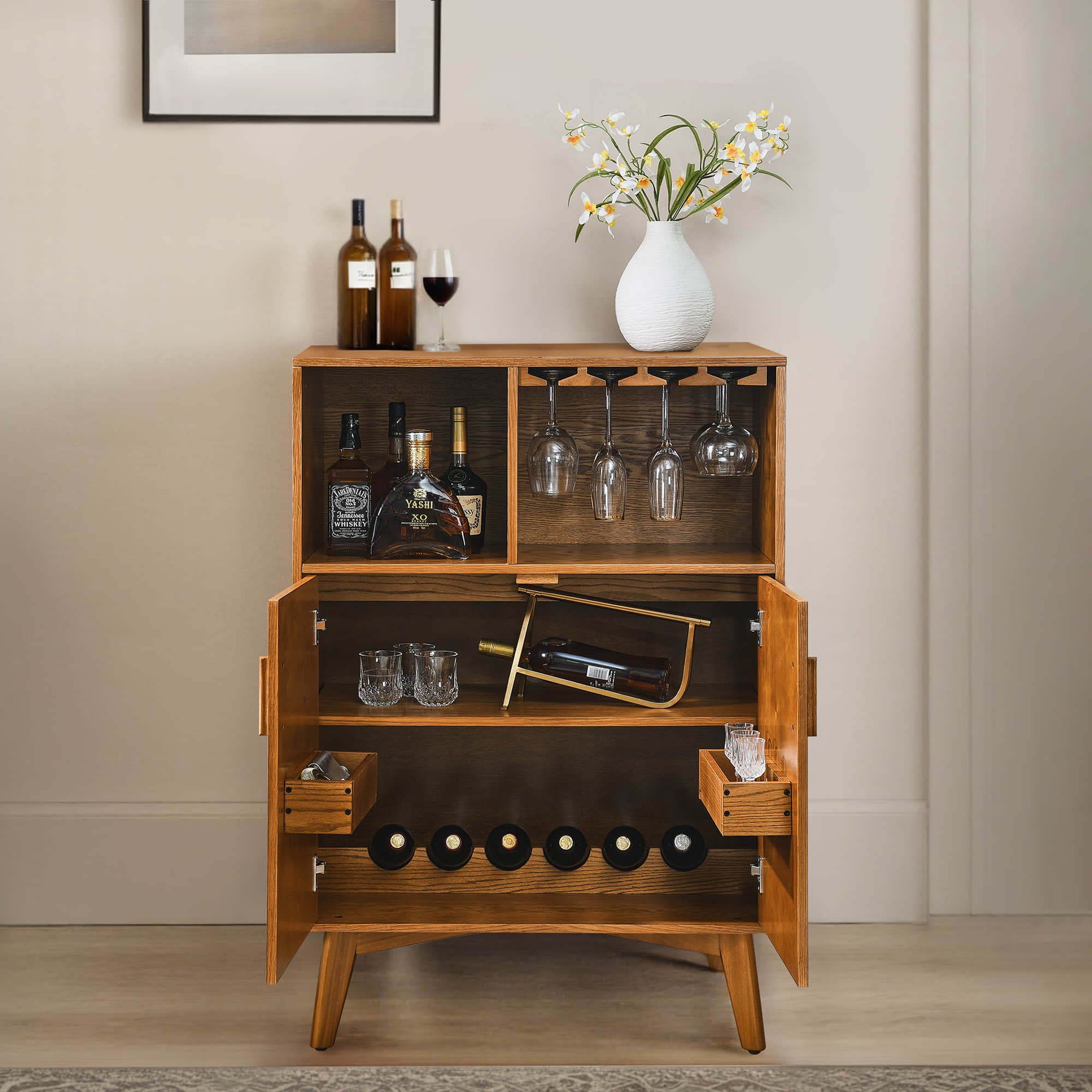 Cave à vin Walter Mid-Century avec porte-verres et casier à vin