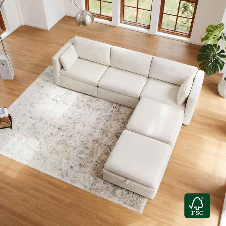Canapé modulable Delaney 5 places avec méridienne et poufs de rangement