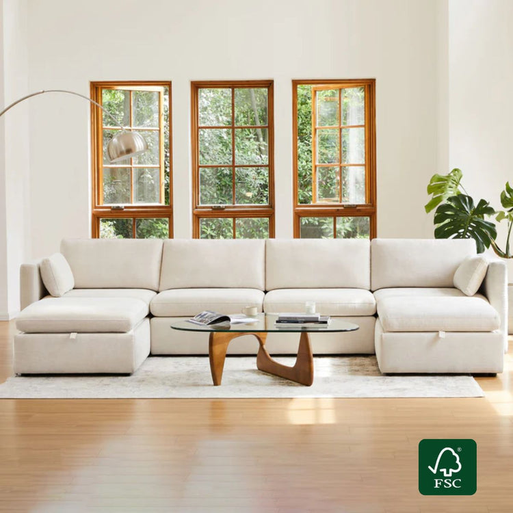 Canapé modulable Delaney 6 places avec méridienne et poufs de rangement