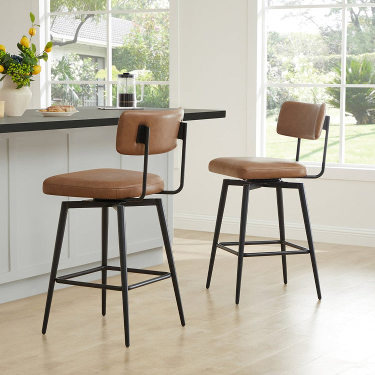 CHITA LIVING-Lovy Swivel Counter Stools (Set of 2)-Counter Stools-Faux Leather-Saddle Brown-