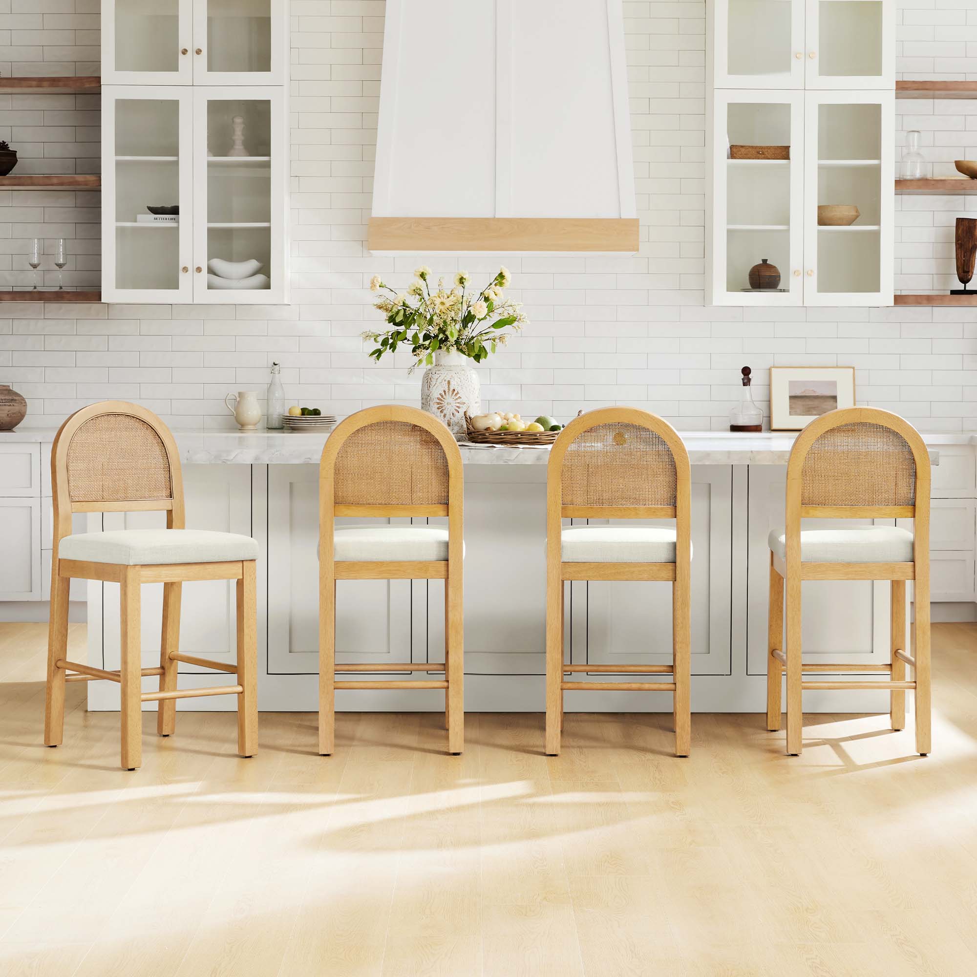 Abigail Rattan Curved Counter Stool with Performance Fabric