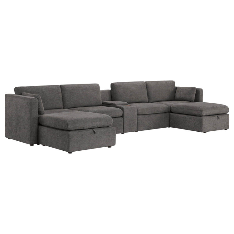 Canapé modulable Delaney 6 places avec méridienne et poufs de rangement