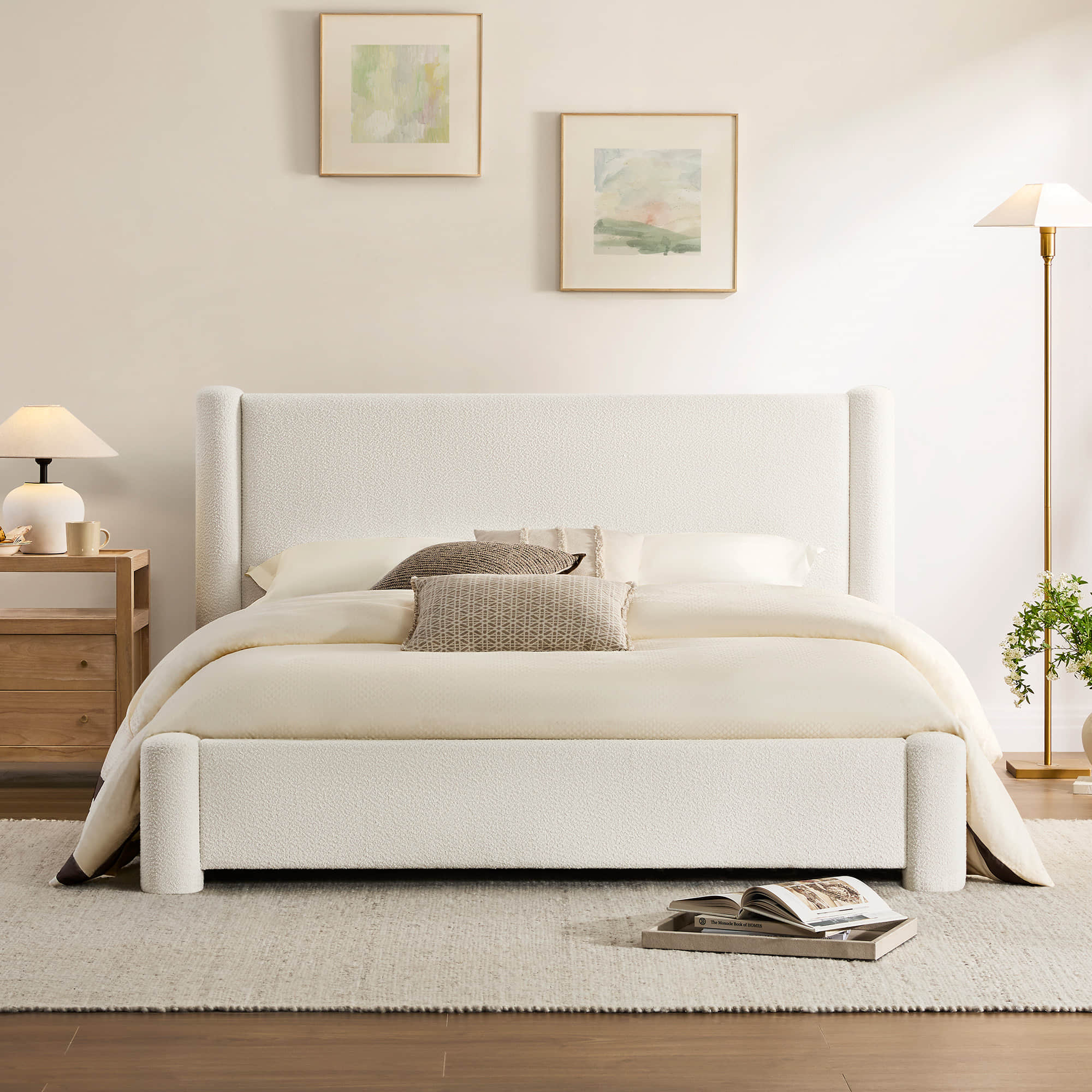 Lit plateforme rembourré Neta Modern Boucle, tailles double et queen