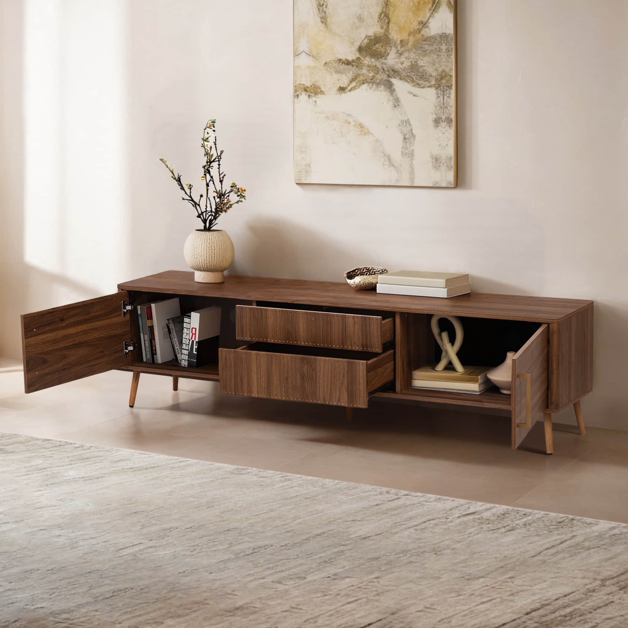 Meuble TV Woodland de style milieu de siècle avec 2 tiroirs
