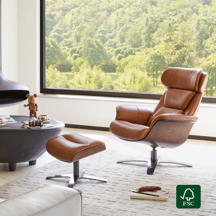Fauteuil inclinable et pouf Elvin en cuir véritable