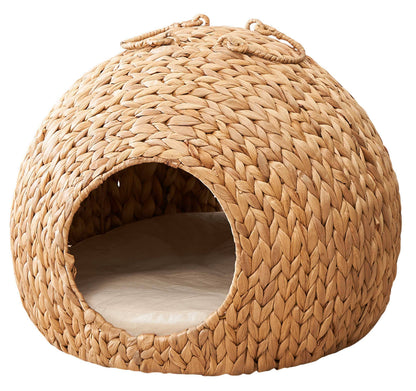 Betty Water Hyacinth Woven Wicker Round Pet Bed with Handles