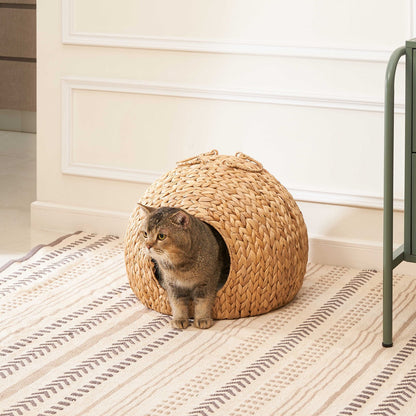 Betty Water Hyacinth Woven Wicker Round Pet Bed with Handles