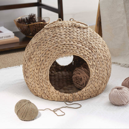 Betty Water Hyacinth Woven Wicker Round Pet Bed with Handles