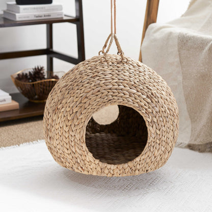 Betty Water Hyacinth Woven Wicker Round Pet Bed with Handles