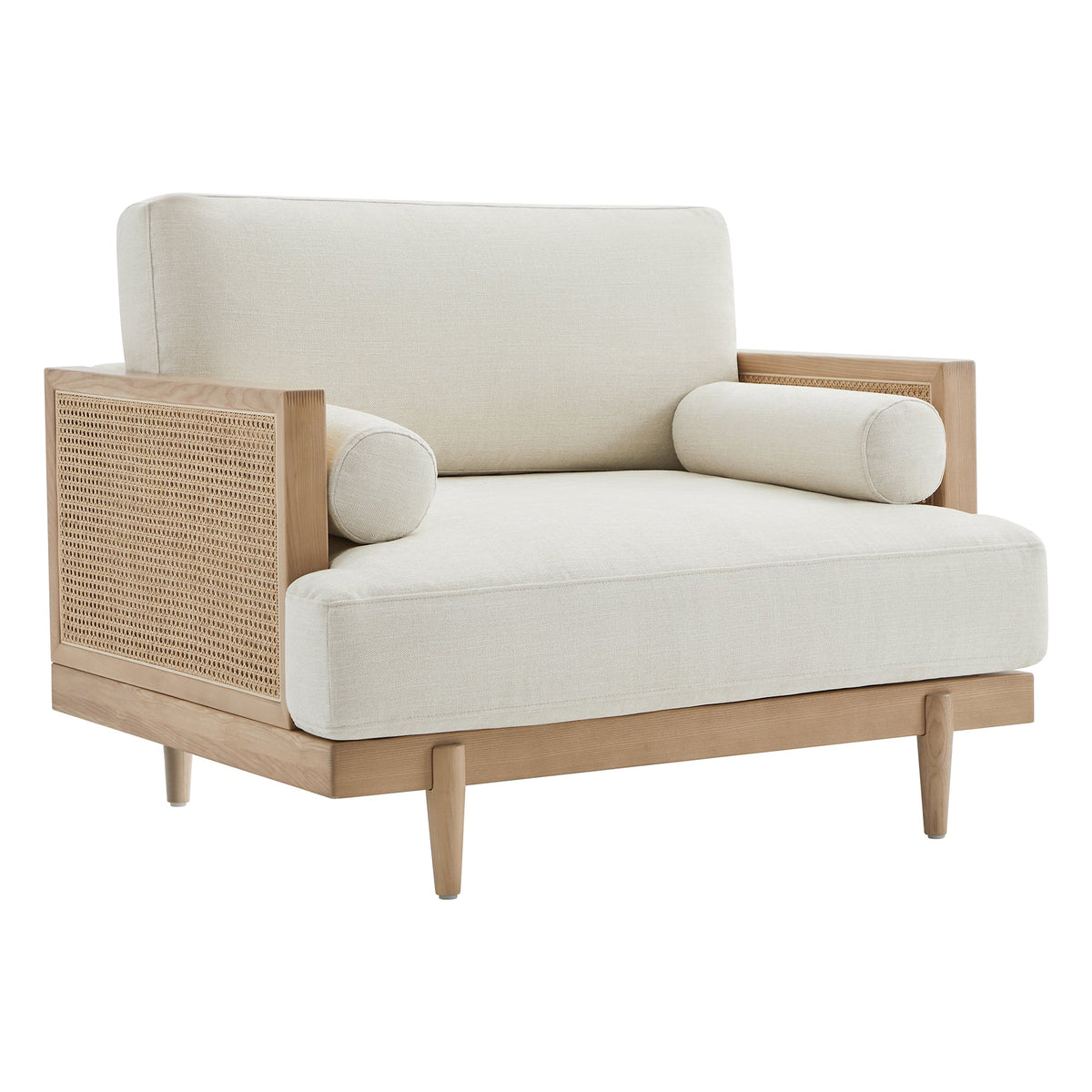 Julane modern cane armchair with soft light fabric and elegant wooden frame - CHITA Living