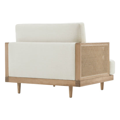Julane modern cane armchair with rattan back and light upholstery from the back view - CHITA Living