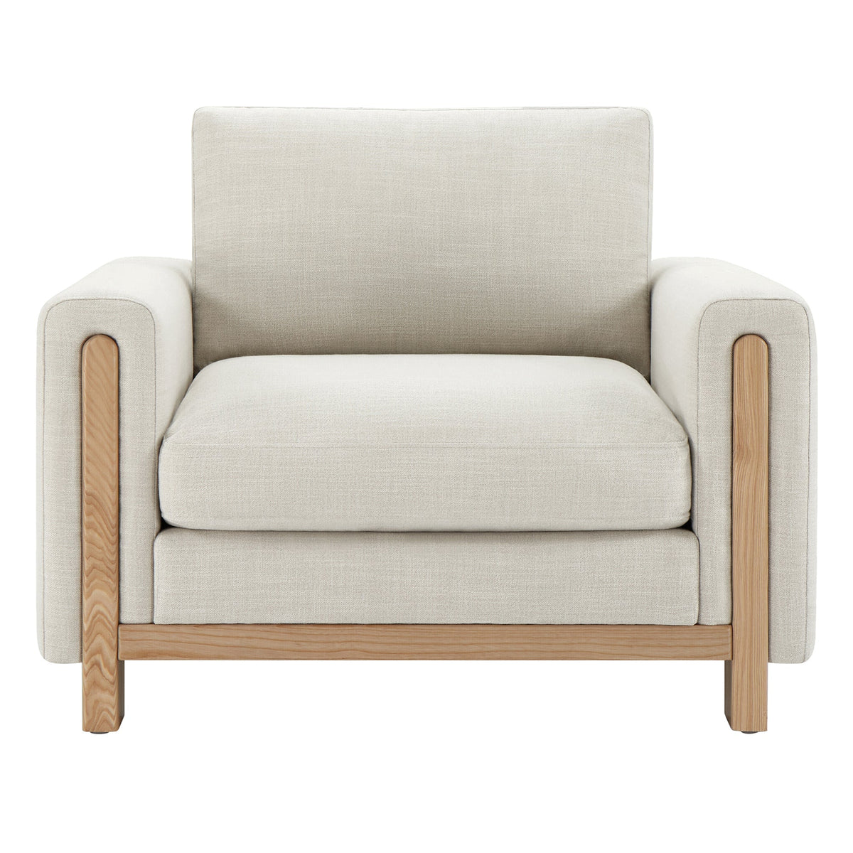 Light gray Keaton Armchair with soft cushions and natural wood frame, front view - CHITA Living