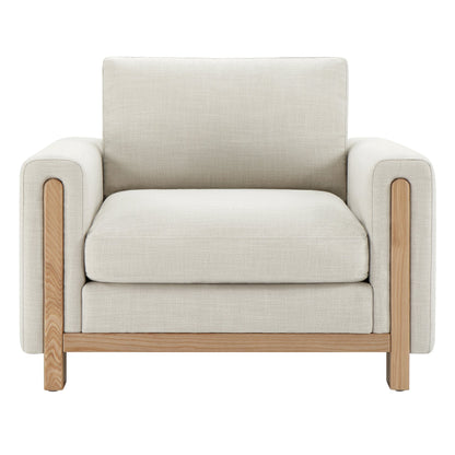 Light gray Keaton Armchair with soft cushions and natural wood frame, front view - CHITA Living