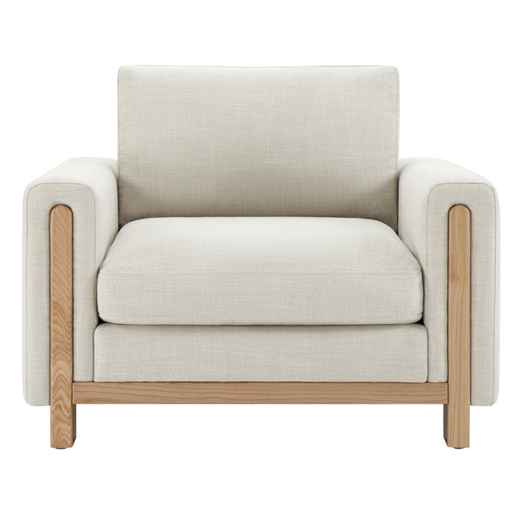 Light gray Keaton Armchair with soft cushions and natural wood frame, front view - CHITA Living