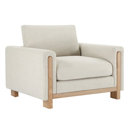 Keaton Armchair with light gray upholstery and solid wood legs in a bright interior - CHITA Living
