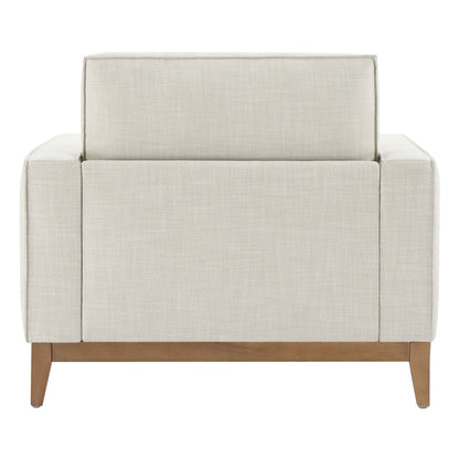 Back view of light gray Keaton Armchair with clean lines and natural wood legs - CHITA Living