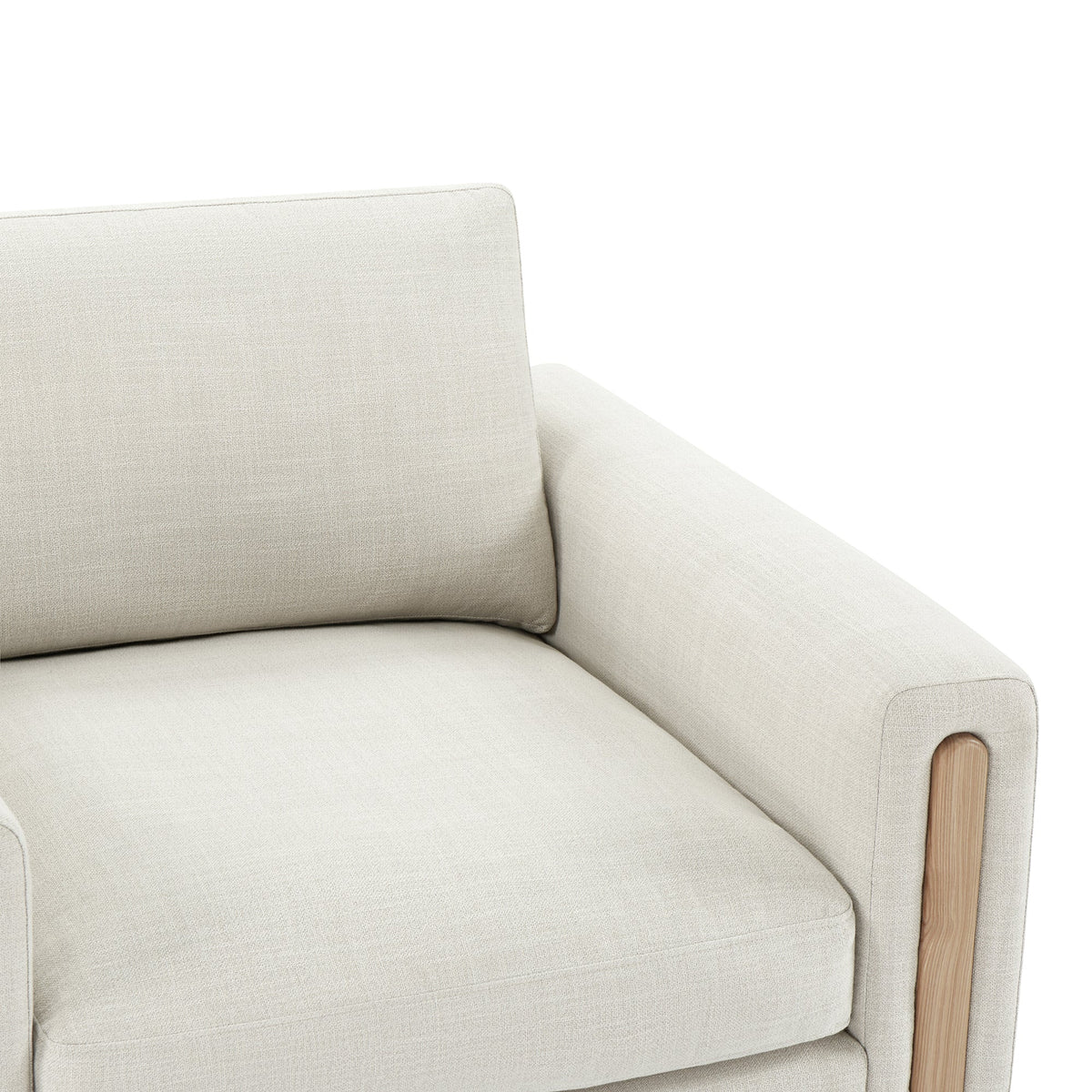 Light gray Keaton Armchair with plush seat and natural wood side frame - CHITA Living