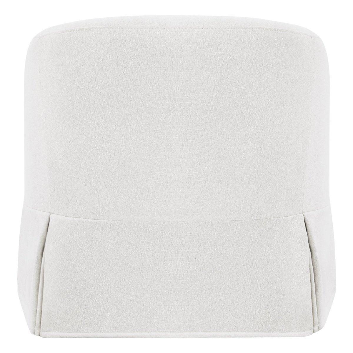 Back of EllaGrace slipcovered swivel armchair in soft white, showcasing clean kick-pleat corners - CHITA Living
