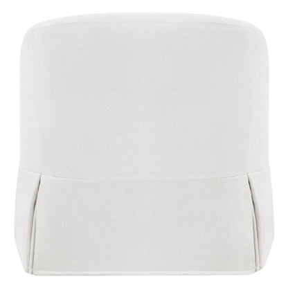 Back of EllaGrace slipcovered swivel armchair in soft white, showcasing clean kick-pleat corners - CHITA Living