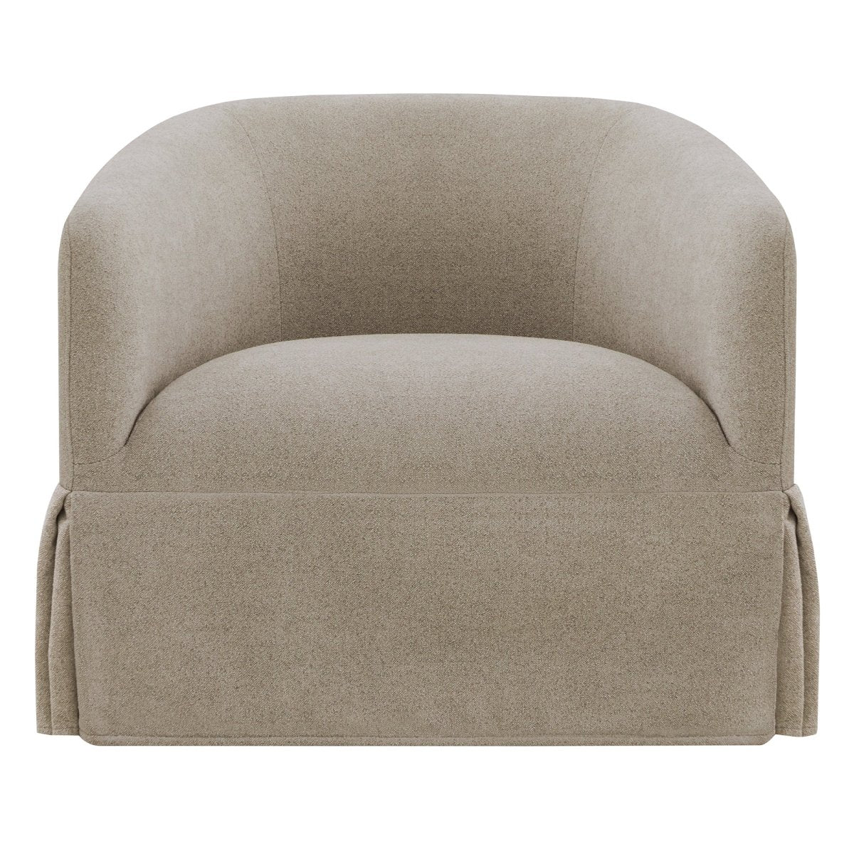Soft gray EllaGrace swivel armchair featuring rounded design and kick-pleat detailing - CHITA Living