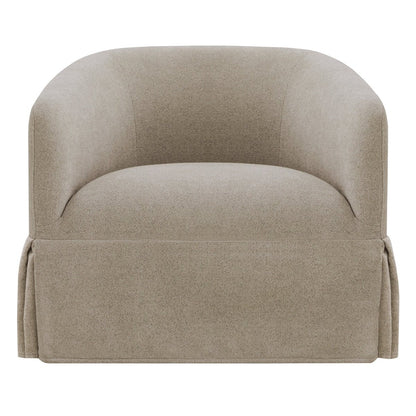 Soft gray EllaGrace swivel armchair featuring rounded design and kick-pleat detailing - CHITA Living
