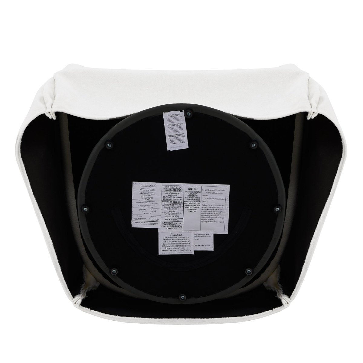 Underside view of EllaGrace swivel armchair with care instructions and sturdy construction - CHITA Living