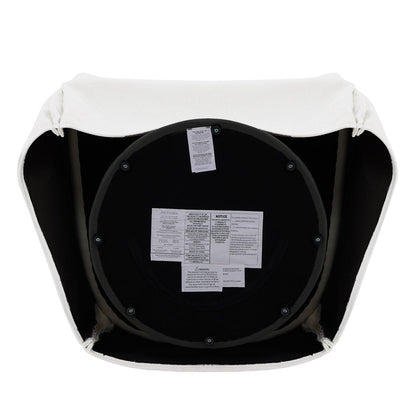 Underside view of EllaGrace swivel armchair with care instructions and sturdy construction - CHITA Living