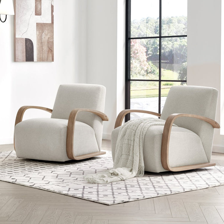 Two cream Liora Modern Swivel Accent Chairs with light wood arms in a bright room - CHITA Living