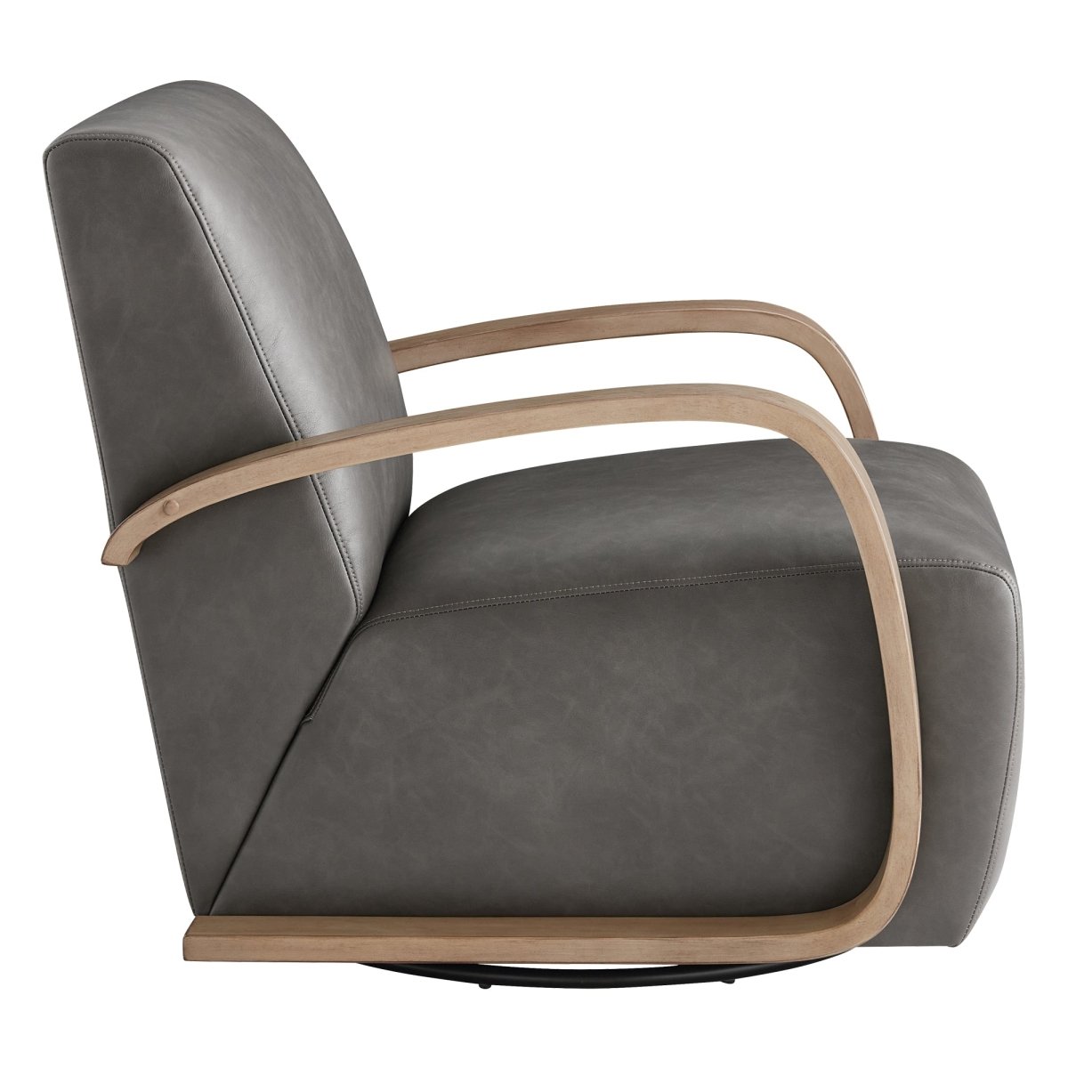 Liora Modern Swivel Accent Chair in gray upholstery with natural wood arms, side view - CHITA Living