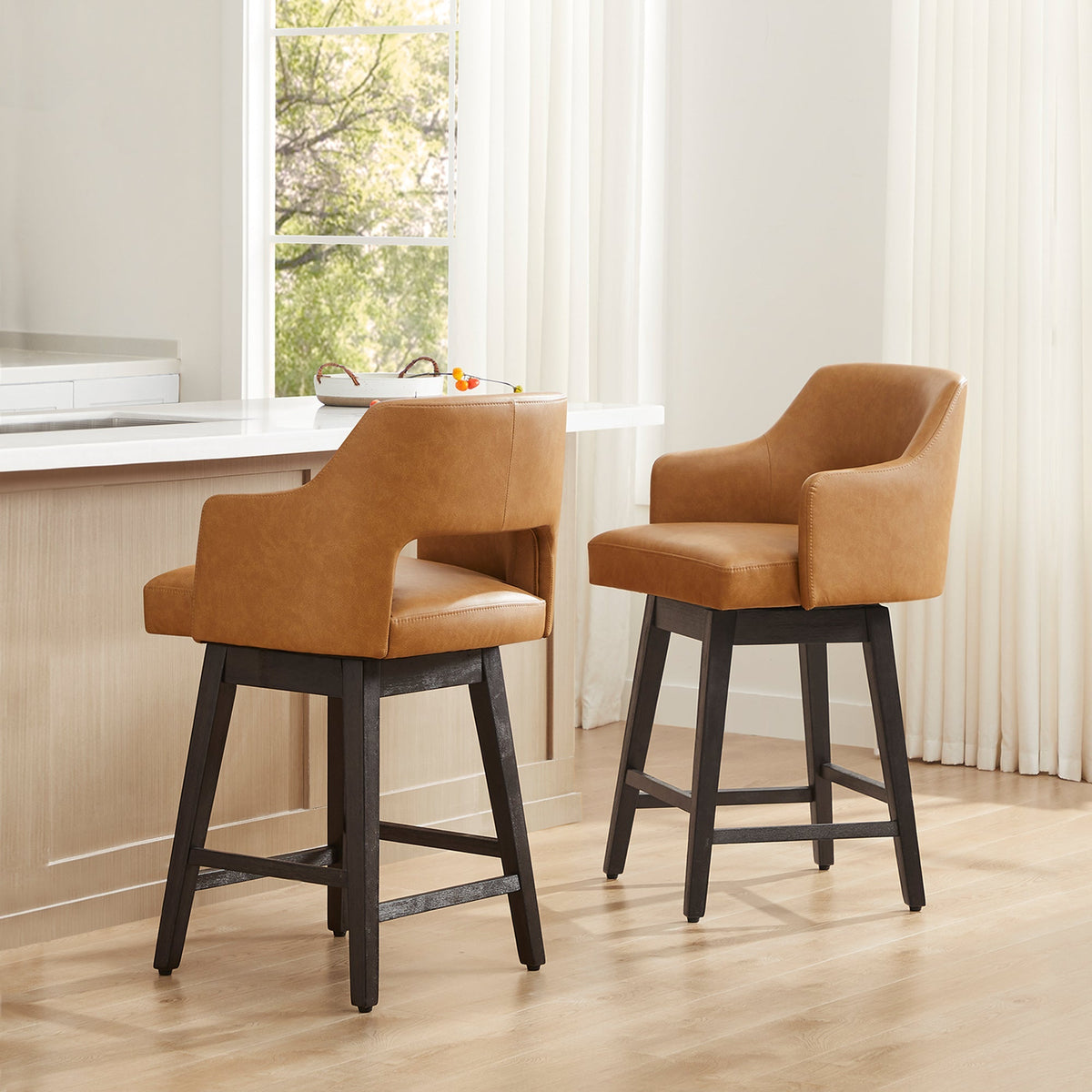 CHITA LIVING-Ava Swivel Counter Stool ( Set of 2 )-Counter Stools-Faux Leather-Cognac-