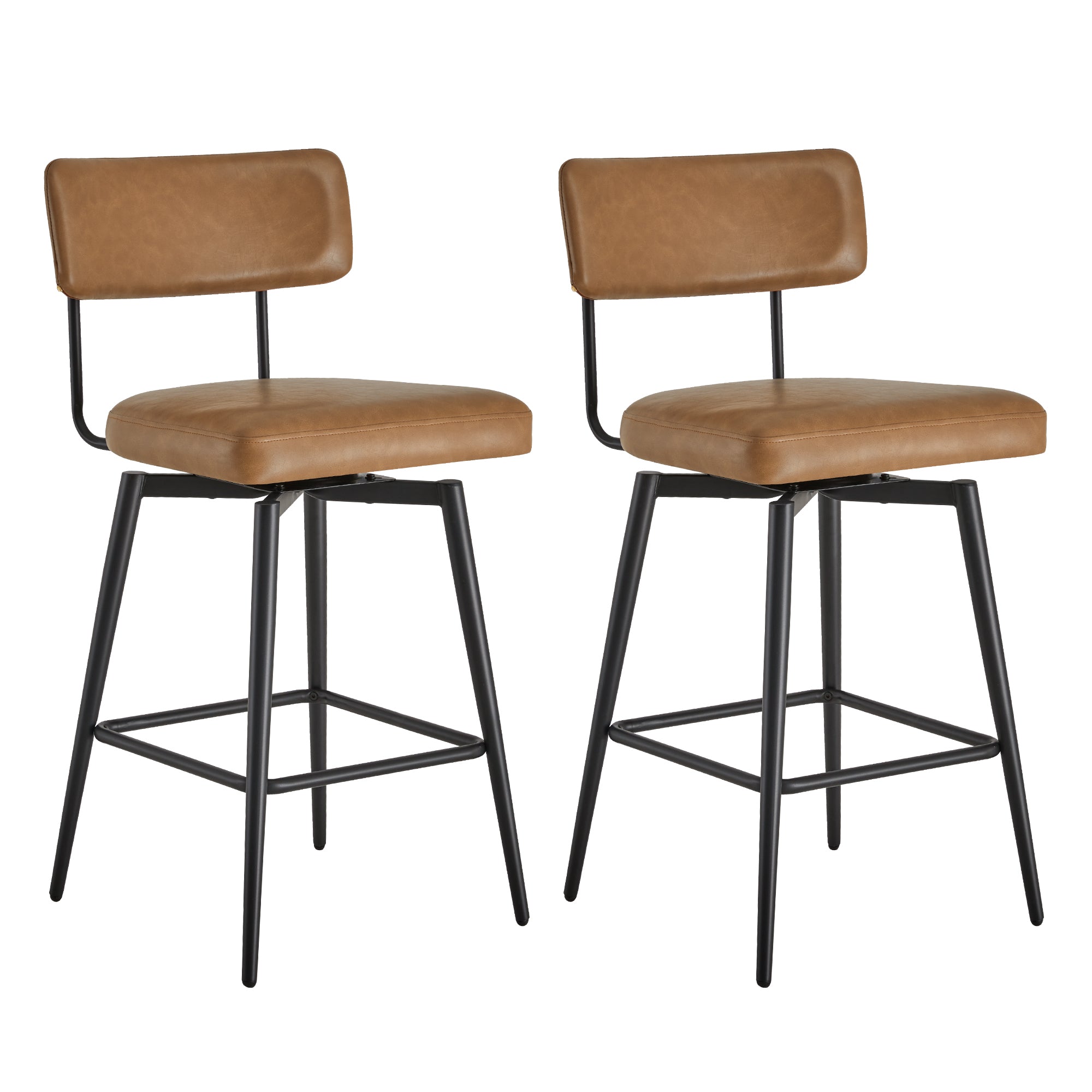 CHITA LIVING-Lovy Swivel Counter Stools (Set of 2）-Counter Stools-Faux Leather-Saddle Brown-